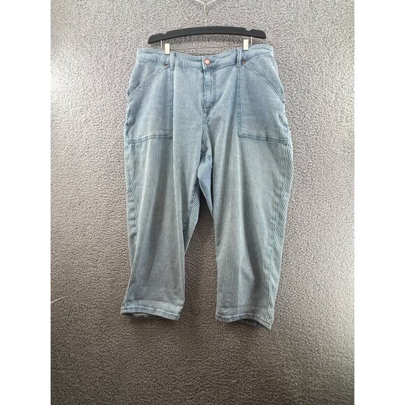 Lane Bryant Mid Rise Boyfriend Capri Striped Blue Denim Pants Size 14 - Picture 1 of 9